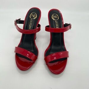 PATERNT BUCKLE RED MULES GIRLS PARTY SHOES HEELS SIZE # 36